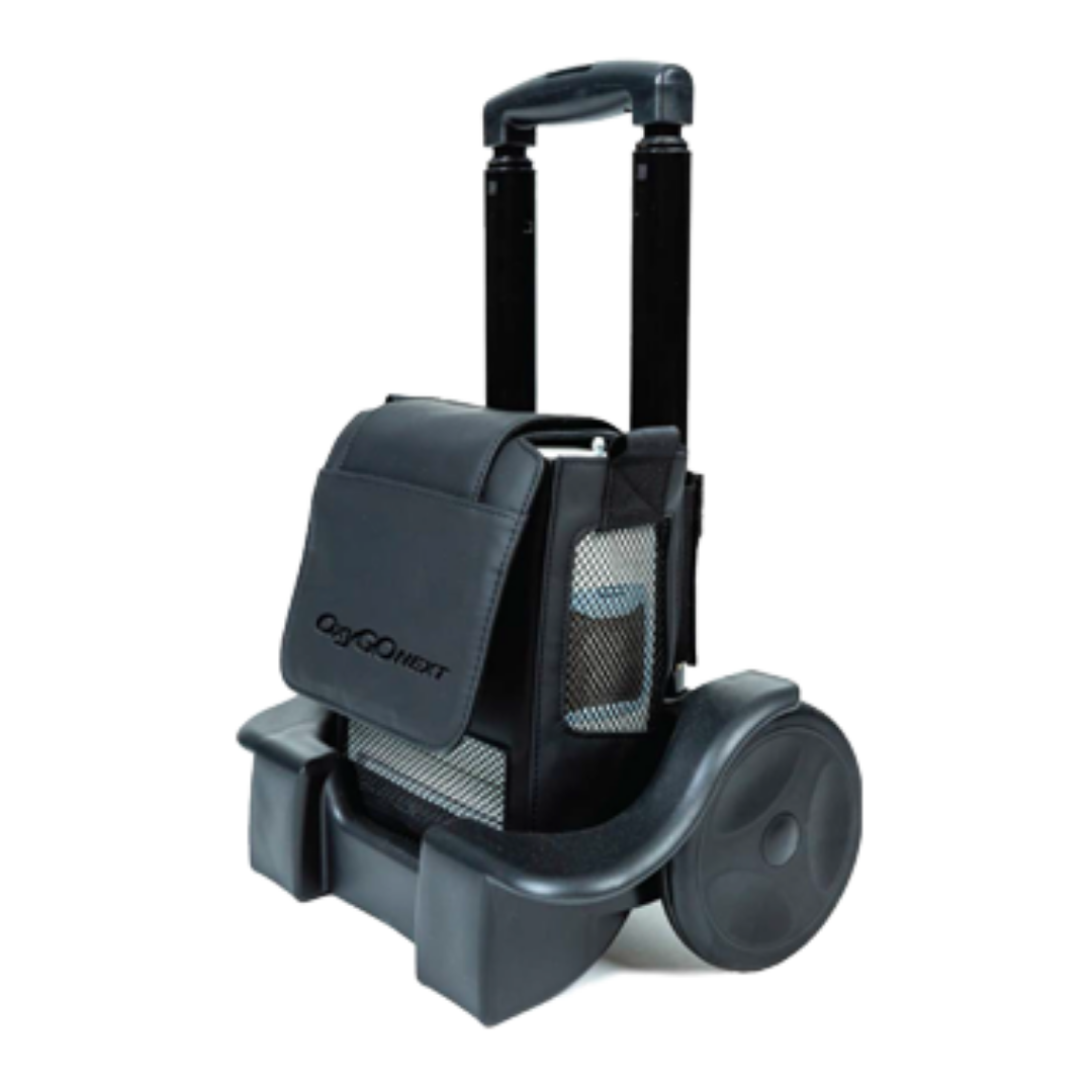 A compact, black rolling carrier with mesh sides, a fold-over flap, and telescoping handle for small pets or seamless pairing with your OxyGo Cart for NEXT and OxyGo Portable Oxygen Concentrators—perfect for convenience on the go.